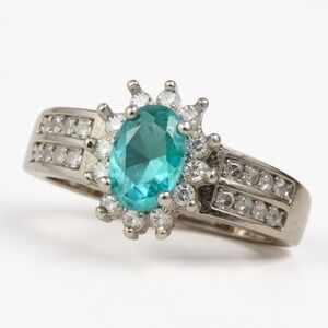 Sterling‎ Silver 925 Blue Stone & Cubic Zirconia Halo Ring Size 9
